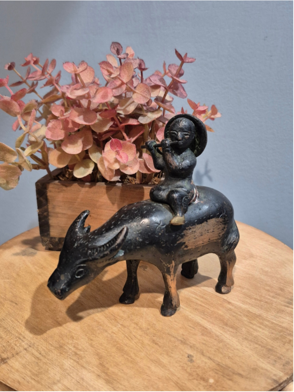 Vintage Asian Bronze Boy on Water Buffalo Statue Flute Player Folk Art
